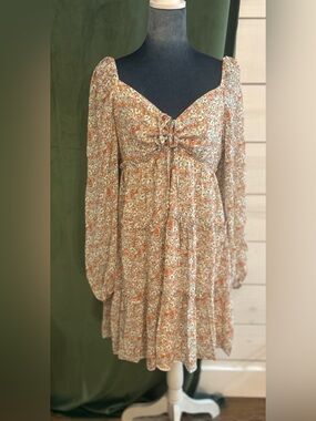 Peach Floral Tie-Front Long Sleeve Mini Dress